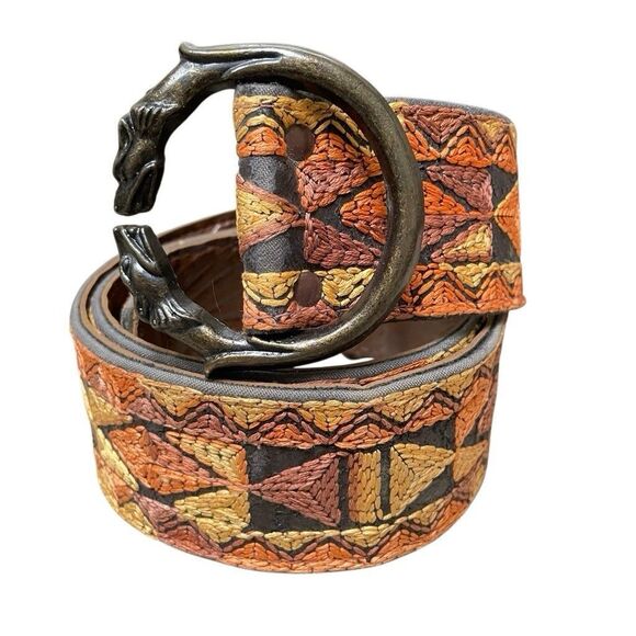 Bechelli Metal Wolf Heads Buckle Southwest Embroidered Hippie Belt 60s Boho Med - Picture 1 of 13